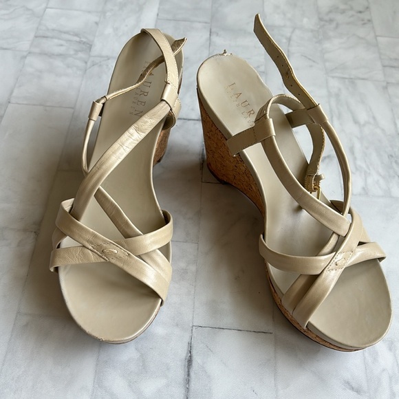 Lauren Ralph Lauren Strappy Leather Cork Wedges (Size 7.5) - Picture 3 of 16
